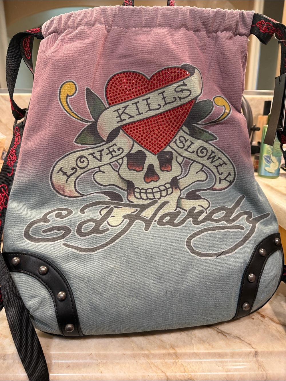 Ed Hardy Pink-to-Blue Ombre Drawstring Backpack with Heart & Skull Graphic